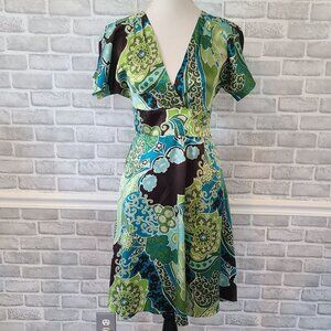 Banana Republic Silk Wrap Dress V-neck Paisley Groovy Hippie Retro 2 Green Blue
